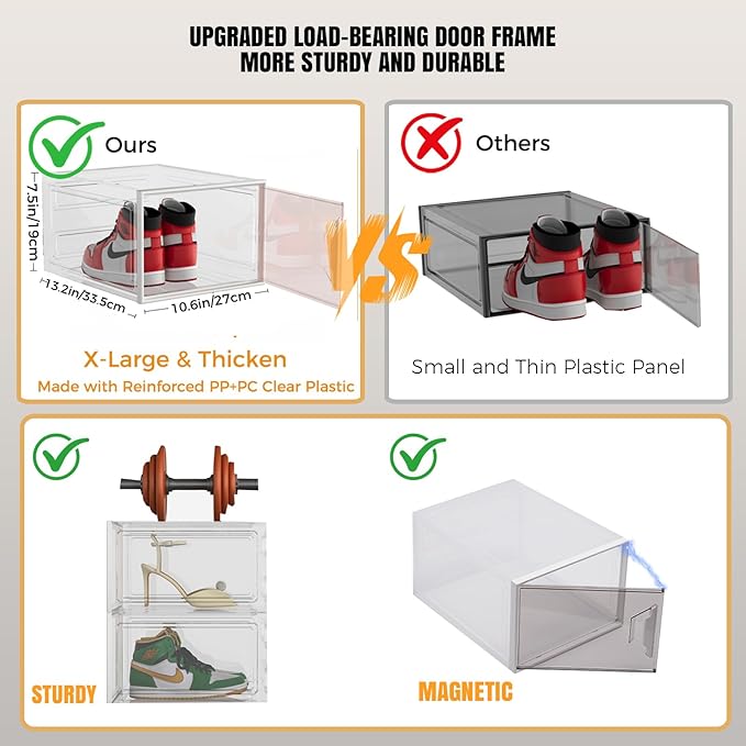 X-Large Stackable Shoe Boxes - Clear Plastic Shoe Storage Boxes with Magnetic Door, Thicken Shoe Organizer for Closet, Space Saving Foldable Shoe Containers Bins for Sneaker Boot - 6 Pack(White)