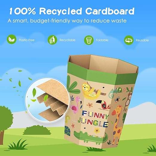 6-Pack Cardboard Trash Can – Foldable, Recyclable, Plastic-Free & Reusable Small Waste Paper Basket for Kids - Garbage Bin Perfect for Bedrooms, Playrooms, Children's Room & Outdoor (2.1 Gallon)