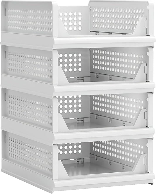 Proarea 4 Pack Stackable Plastic Storage Basket Closet Organizer Bin Foldable Clothes Organizer Storage Drawer Shelf Container for Living Room Bathroom Kitchen Office (4S)