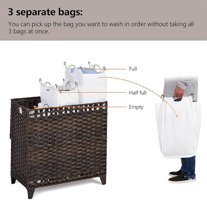 Laundry Hamper with 3 Removable Liner Bags; 132L Handwoven Rattan Laundry Basket with Lid & Heightened Feet; Clothes Hamper with Side Handles; Laundry Sorter with 3 Separate Sections (Brown)