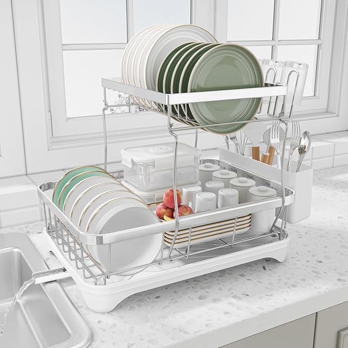 Dish Drying Rack - 304 Stainless Steel Dish Rack for Kitchen Counter, Adjustable Spout Auto-Draining Dish Rack, 2-Tier Kitchen Organizers and Storage Rack with Drainboard and Cutlery Holder White