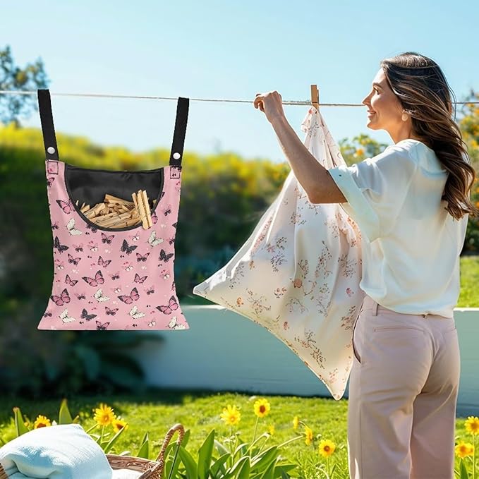 Butterfly Print Clothes Pin Hanging Bag, Stylish Clothespin Bag with Hanging Rope, Clothespin Organizer