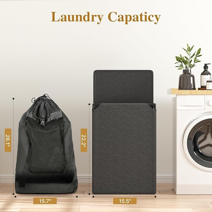 60L 2-in-1 Laundry Hamper with Laundry Backpack, Waterproof Basket with Lid, Laundry Bag with Shoulder Straps and Mesh Pocket, Hamper for College Dorm, Travel, Apartment, Laundromat