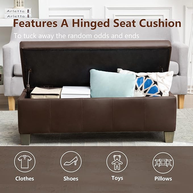 Brown Faux Leather Ottoman with Storage, Rectangular Extra Long Storage Bench for Bedroom and Living Room