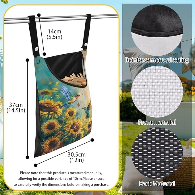 2 Pcs Clothes Pin Hanging Bag with Big Opening Storage Clothes Pins & Mini Clothespins，Hanging Laundry Bag Fits Retractable Clothes Line Outdoors（Hummingbird Sunflower）