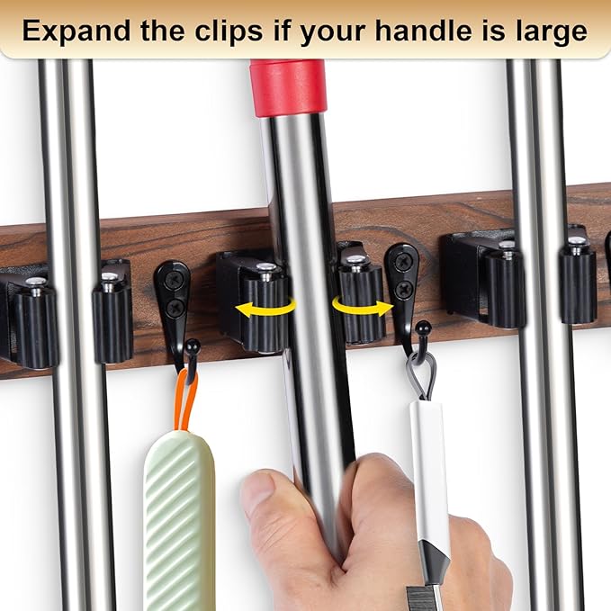 Broom Holder Wall Mount With 5 Slots & 4 Hooks，Rustic Wood Broom & Mop Hanger，Wall Mounted Garden & Garage Tool Storage Organizer Rack for Closet Laundry Room or Kitchen Wall Decor