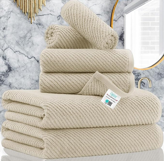 VOOVA & MOVAS Bath Towel Sets - 100% Cotton | Quick Dry | Light Weight | Thick | Soft, Beige Towels Set of 6, 2 Large Bath 30" x 56", 2 Hand 18" x 28", 2 Washcloths 13" x 13", Tan Towel Gift Set
