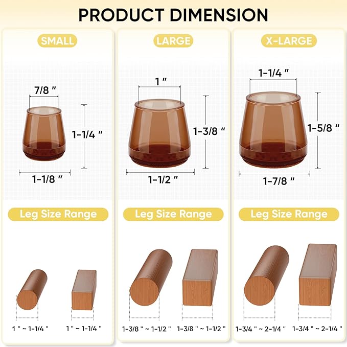 BALEINE 16 Pack Silicone Chair Leg Floor Protectors, Stool Leg Protectors Cap, Non-Slip Chair Leg Caps for Hardwood Floors (Brown, X-Large, 16 Pack)