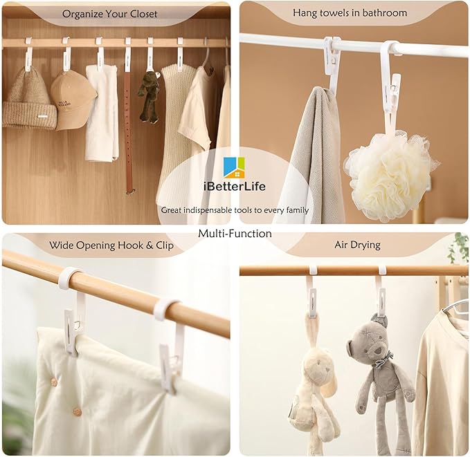 iBetterLife Clothes Pins Heavy Duty Outdoor - 4 Pcs Large Laundry Hook Hangers with Clips Closet Organizer Clamps Hanging Socks Boot Bras Towels Shower Pegs for Bathroom Wardrobe Kitchen Office, Black