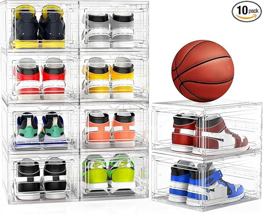 Mitees 10 Pack XX Large Thicken Sturdy Hard Plastic Clear Stackable Shoe Storage Boxes for Size 12, Sneaker Shoe Rack Containers Holders Bins Display Case Organizer for Closet, White