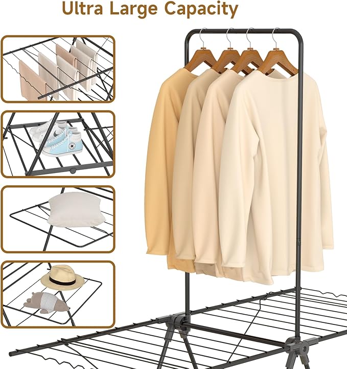 Bigzzia Clothes Drying Rack Foldable, 68.9Inch High Hanger Laundry Drying Rack with 4 Height-Adjustable Wings, Lightweight and Space Saving Clothes Airer for Apartments, Dorms, Camping