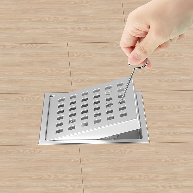 6 Inch Square Shower Floor Drain Brushed Stainless Steel Drain Kit with Flange, Removable Grid Cover, Hair Strainer