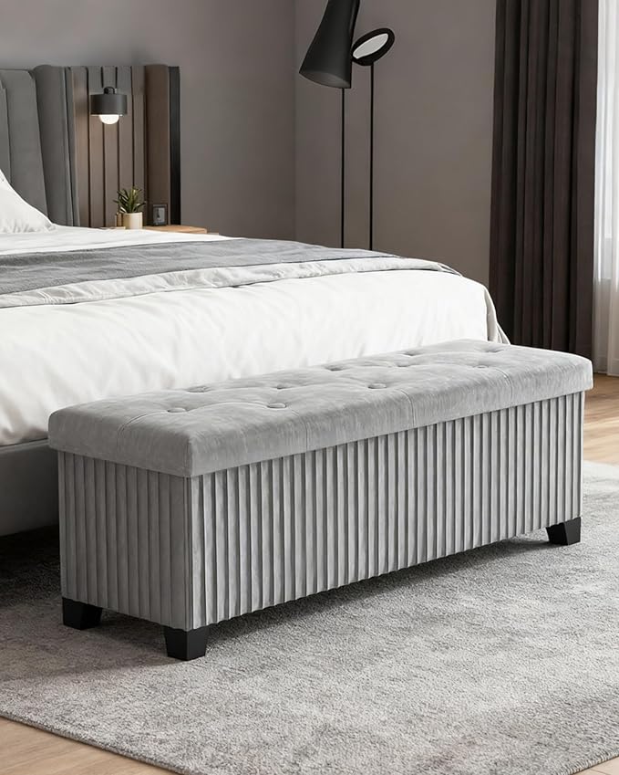 Storage Ottoman Bench, 43 Inch Foldable Ottoman with Legs, Velvet Foot Rest Stool, End of Bed Bench, Storage Chest for Living Room, Bedroom (Grey)