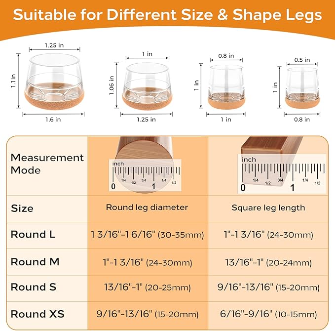 24 PCS Silicone Chair Leg Floor Protectors Medium Fit (1"-1.2") Rubber Felt Furniture Pads Chair Legs Caps/Covers for Hardwood Floors, Tile from Scratches & Reduce Noise - Round, Clear