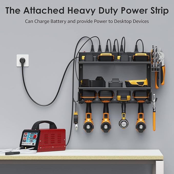 CCCEI Modular Power Tool Organizer Wall Mount with Charging Station. Garage 4 Drill Storage Shelf with Hooks, Screwdriver, Drill Bit Heavy Duty Rack, Tool Battery Holder Built in 8 Outlet Power Strip.