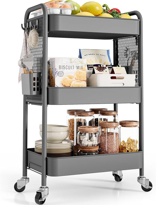 TOOLF 3 Tier Rolling Cart Storage Organizer, Metal Rolling Utility Cart with Wheels, Hooks & Bins Esthetician Craft Art Sturdy Storage with Pegboard for Bathroom, Kitchen, Office, Nursery Diaper