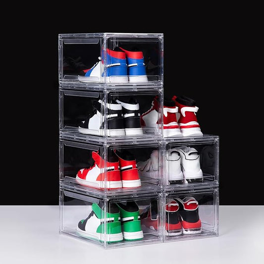 6 Pack Acrylic Shoe Boxes, Ultra Clear Shoe Boxes Stackable, Shoe Storage Box Sneaker Storage for Sneakerhead, Foldable Shoe Organizer with Magnetic Door, Professional Shoe Display Fits US Size 15