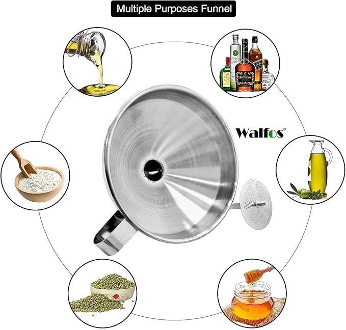 Stainless Steel Funnel, Walfos Kitchen Funnel with 2 Removable Strainer ＆ 1Pc Cleaning Brush, Perfect for Transferring of Liquid, Oils, Jam, Dry Ingredients & Powder (4.1")
