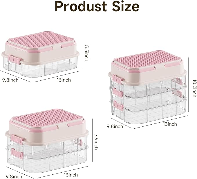 Toy Storage Organizer Box with Handle, Stackable Building Block Toy Box with Building Plate Lid & Removable Sorting Trays, Cubby Bins and Containers 2 Layer (Pink)