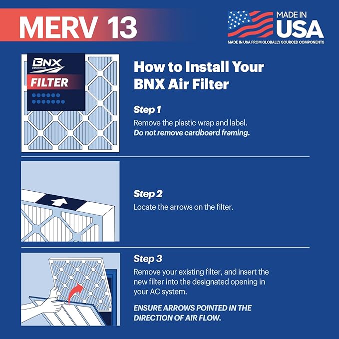 BNX TruFilter 14x14x1 Air Filter MERV 13 (6-Pack) - MADE IN USA - Electrostatic Pleated Air Conditioner HVAC AC Furnace Filters for Allergies, Pollen, Mold, Bacteria, Smoke, Allergen, MPR 1900 FPR 10