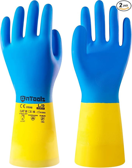 2 Pairs Neoprene and Rubber Blend Heavy-Duty Chemical Gloves, Protective industrial gloves for Resist Acid, Alkali, Hazmat, cleaning, dishwashing, Large
