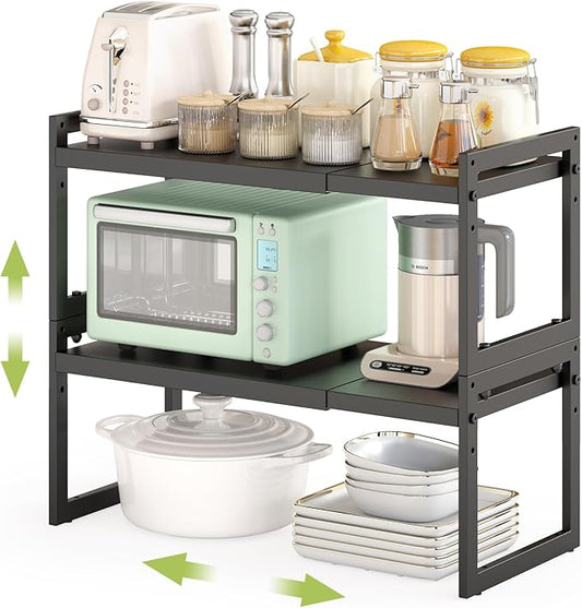 DOLALIKE Expandable kitchen Countertop Organizer, Stackable Cabinet Shelf Organizers, Space Saving Spice Rack Pantry Storage for Bathroom Office Organization (Black, 2 Pack)