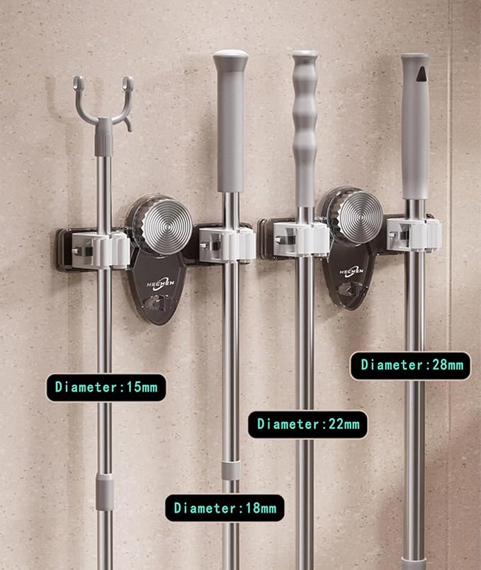 Mop and Broom Holder Wall Mount, No Punching Required Broom and Mop Organizer Wall Hanging with Hooks for Bathroom, Laundry Room, Garage, Kitchen,Garden Tool Organizer Storage (1pcs Transparent)