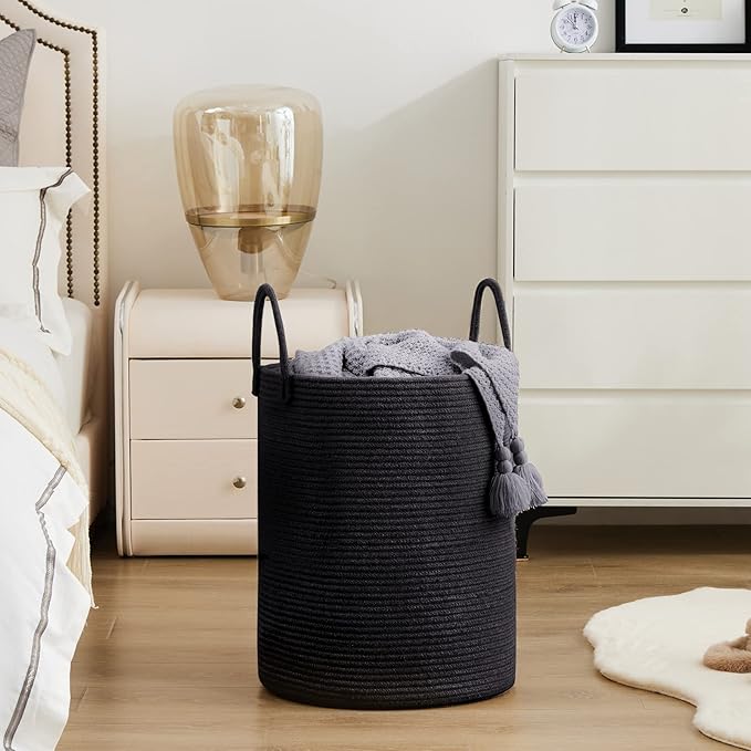 YOUDENOVA Woven Rope Laundry Hamper Basket, 72L Tall Luandry Basket, Baby Nursery Hamper for Blanket Storage in Bedroom-Large- Black