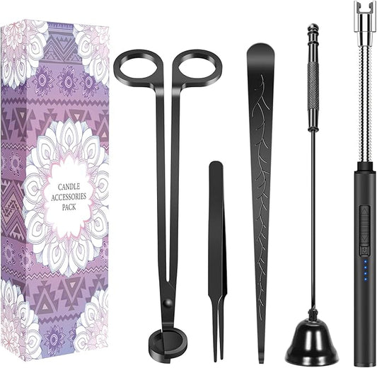 5 in 1 Candle Accessory Set,Candle Wick Trimmer Cutter,Candle Wick Dipper,Candle Wick Snuffer,Rechargeable Candle Lighter,Tweezers,Stainless Steel Candle Care Kit Home Gift for Aromatherapy(Black)
