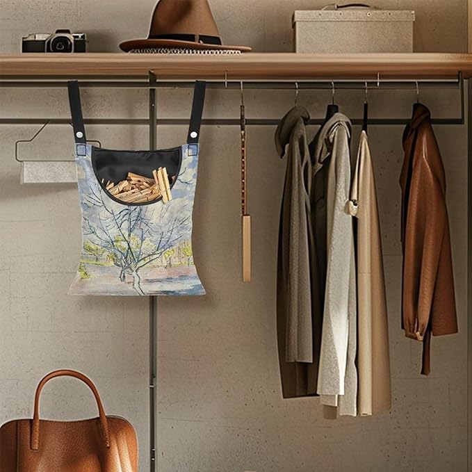Weather Resistant Clothespin Storage Bag - Outdoor Hanging Organizer with Windproof Features - Large Capacity 14.5x12 Inch Polyester Pouch for Clothes Pins Peach Tree in Bloom Print