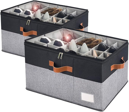 Shoe Organizer for Closet, Foldable Shoe Storage Bins with Clear Cover, Space Saving Shoes Holder with 4 Handles, Large Adjustable Shoe Box Storage Containers, Fits 12-24 Pairs, 2 Pack, Black