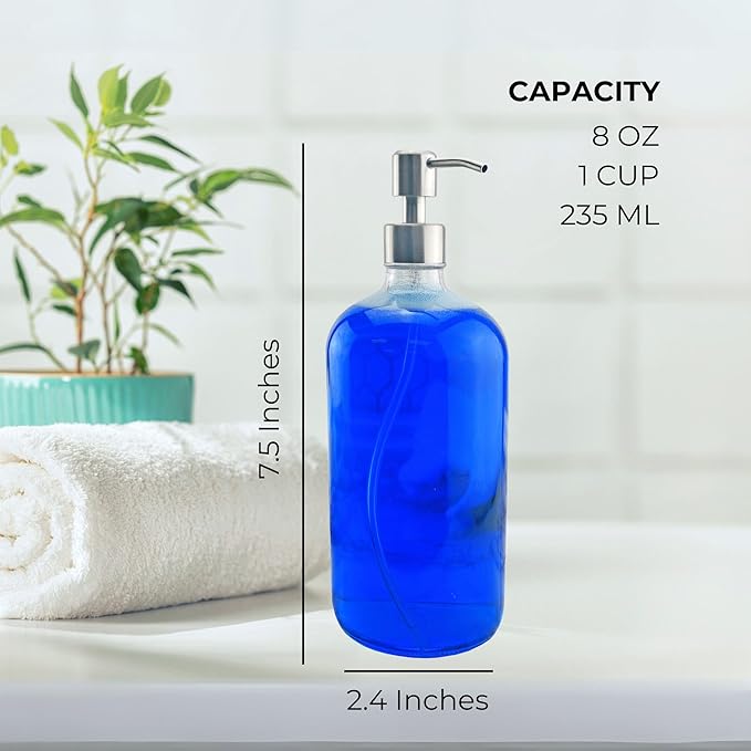 Cornucopia Brands 8-Ounce Clear Glass Boston Round Bottles w/Stainless Steel Lotion Pumps (4-Pack); Empty Refillable Liquid Soap & Lotion Bottles