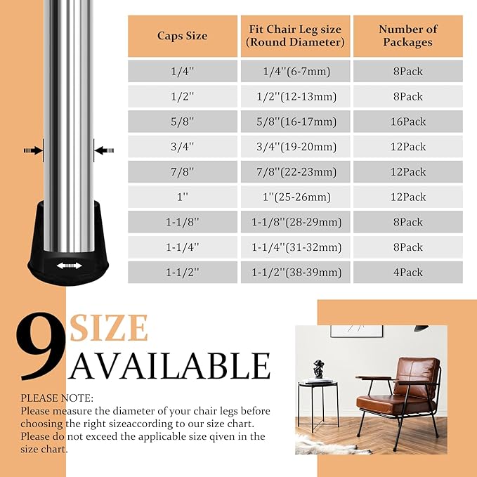 1" Round Rubber Chair Leg Tips Caps, Chair Leg Floor Protectors Furniture Legs Caps Non Slip Reduce Noise for Hardwood Floors (Black, 24 Pack)