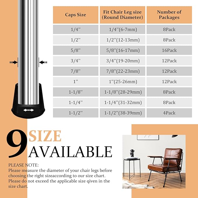 1/2" Round Rubber Chair Leg Tips Caps, 8 Pack Extra Small Chair Leg Floor Protectors Small Furniture Legs Caps Non Slip Reduce Noise for Hardwood Floors (Black, Fit: 12mm to 13mm)