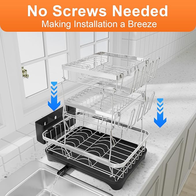 Dish Drying Rack - 2-Tier 304 Stainless Steel Dish Rack for Kitchen Counter, Adjustable Spout Auto-Draining Dish Rack, Kitchen Organizers and Storage Rack with Drainboard and Cutlery Holder Black