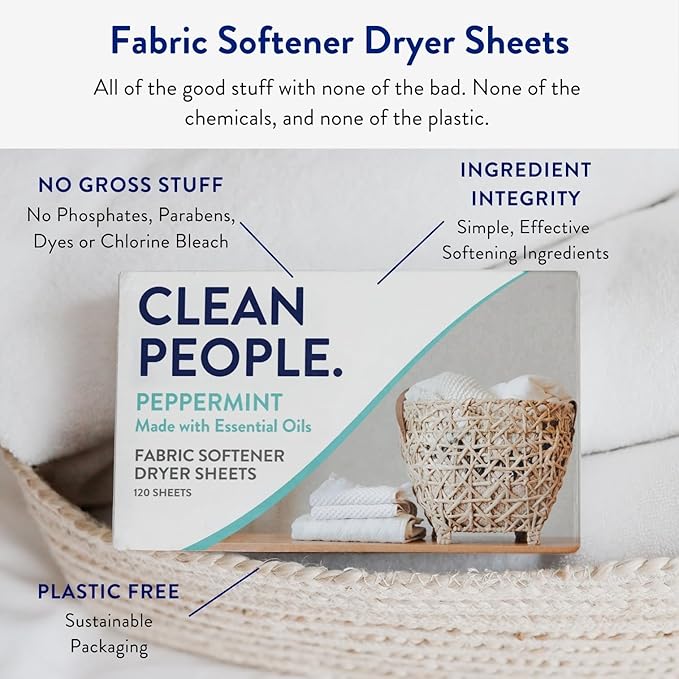 The Clean People Fabric Softener Sheets - Dryer Sheets - Softens & Removes Static - Vegan Laundry Softener With Essential Oils - Peppermint 240 Pack
