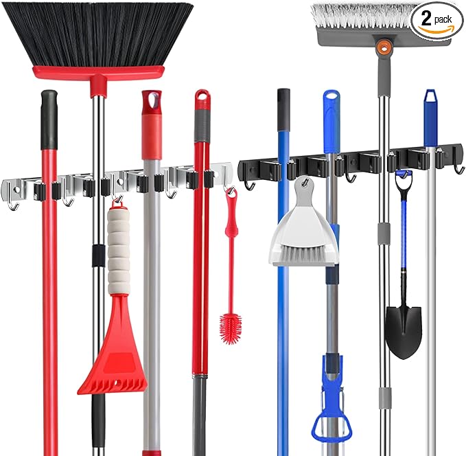 nacena Broom holder Wall Mount, 2-Pack Stainless Steel Self-Adhesive Mop and Broom Hooks Heavy Duty Broom and Mop Storage Rack laundry room organization Garage Organizer for Kitchen Garden garage