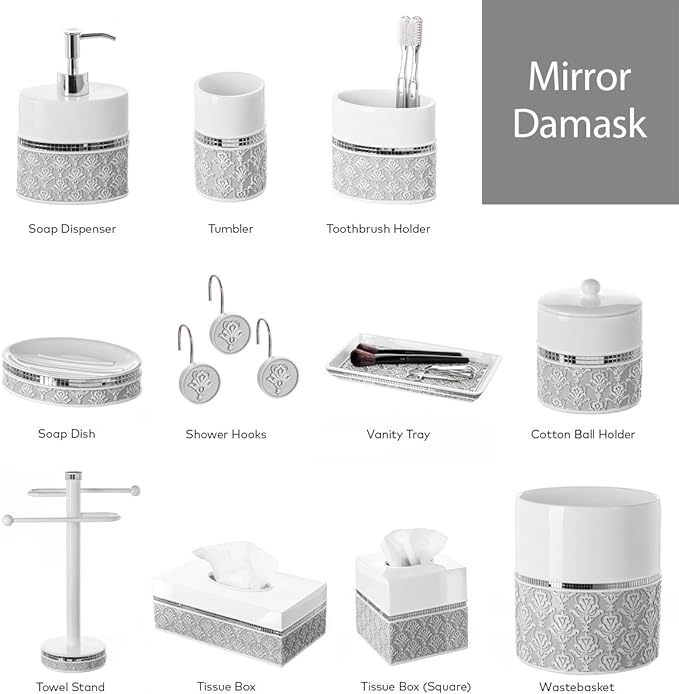 Creative Scents Mirror Damask Bathroom Accessory Set Complete - Decorative 4 Piece White and Gray Bathroom Set Includes: Soap Dispenser, Soap Dish, Toothbrush Holder and Tumbler
