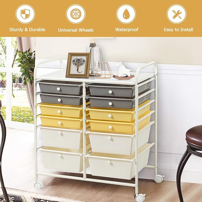 GOFLAME 12-Drawer Rolling Storage Cart, Multipurpose Organizer Cart with 2 Sizes Plastic Drawers, Mobile Utility Cart with Lockable Casters for School, Home Office, Beauty Salon, Yellow
