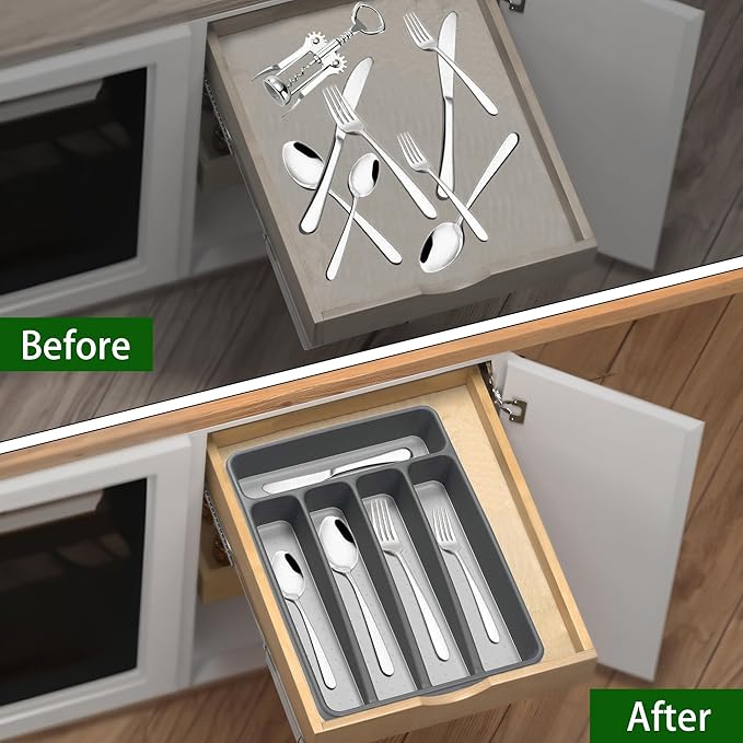 Silverware Organizer Utenisl Organizer Holder Kitchen Drawer Organizer Plastic Silverware Tray for Drawer Flatware Organizer 5 Compartment Black