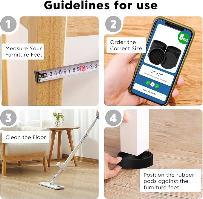Rubber Non-Slip Furniture Pads Furniture Casters Cup Floor Protector for Bed Sofa Table and Chair Stopper (Pack of 8,Black 2" x 2" Round)