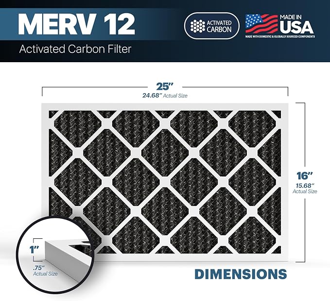 BNX TruFilter 16x25x1 MERV 12 Odor Defense (4-Pack) AC Furnace Air Filter with Activated Carbon - MADE IN USA - Pleated Air Conditioner HVAC AC Furnace Filters - Removes Odor, Mold, Bacteria, Smoke