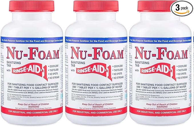 Nu-Foam Sanitizing Tablets for Bar Glassware – Superior Rinse Aid - Hand Washing Bar, Tavern, Brewery Supplies - Spotless Serving Glasses - 3 Pack 300 Tablets/ 1,800 Quarts Sanitizing Solution