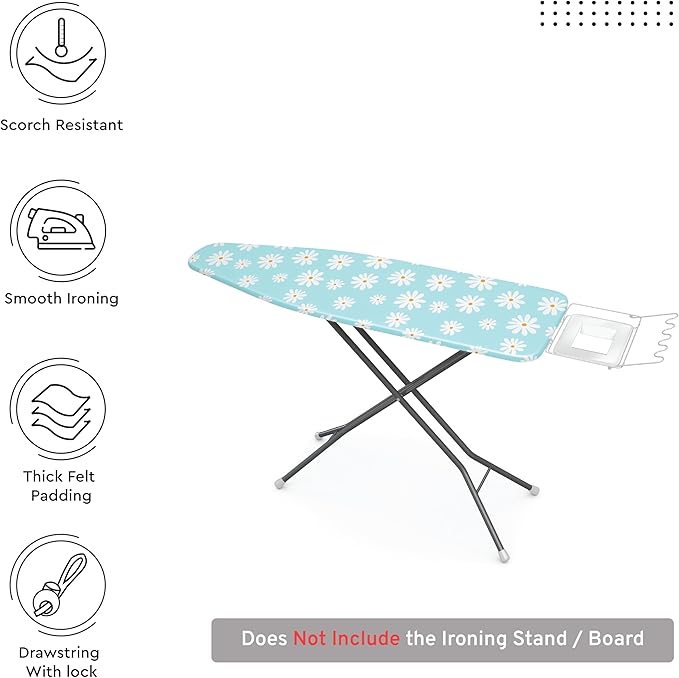 Encasa XO Ironing Board Cover and Pad 42"x14" - Thick 3mm Felt Padding, Drawstring Tightening & Lock, Easy Fit, Scorch & Stain Resistant, Fits Medium Ironing Board - Daisy Blue