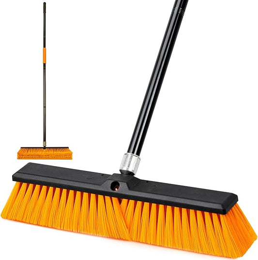 DSV Standard 18’’ Push Broom Outdoor Heavy Duty with 59.4’’ Long Handle, Industrial Broom with Stiff Bristles, Floor Broom for Cleaning Patio Garage Shop Deck Concrete Wood Stone Tile Floor