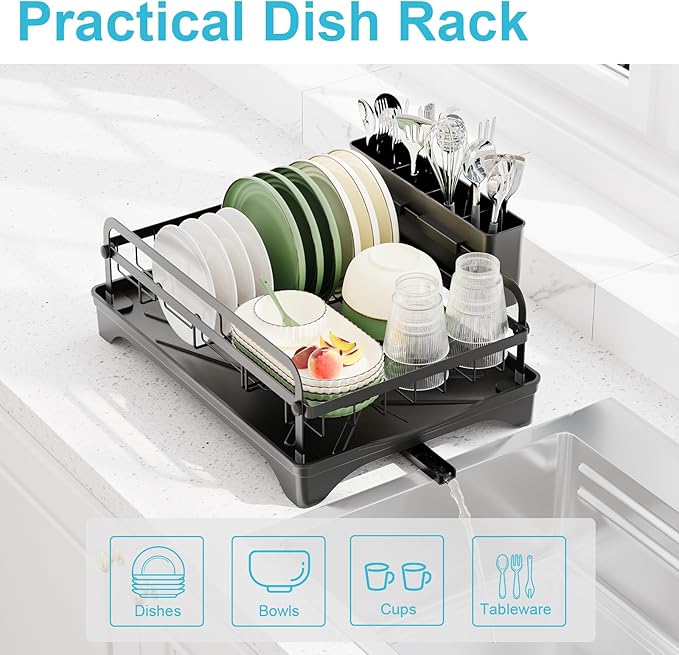 Dish Drying Rack for Kitchen Counter - Large Dish Rack with Drainboard, Rustproof Dish Drainer with Drainage Spout & Utensil Holder for Sink, Black