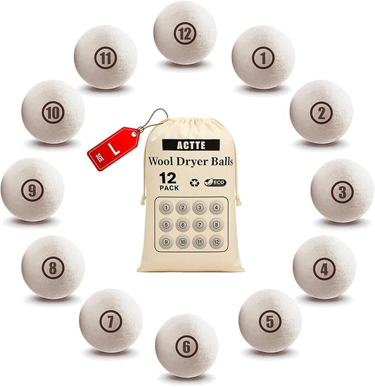 Sheep Wool Dryer Balls 12 Pack L(2.3") Premium Natural Fabric Softener, Reusable Laundry Dryer Balls for Reducing Drying Time, Static and Wrinkles, Eco-Friendly – 100% New Zealand Wool