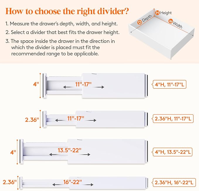 Lifewit 8 Pack Drawer Dividers 4" High,11-17" Adjustable Dresser Drawer Organizers for Clothes, Expandable Dresser Separators in Bedroom/Bathroom/Kitchen/Vanity/Office Organization and Storage, White