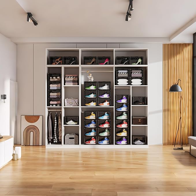 8 Pack Shoe Boxes Clear Plastic Stackable, Drop Front Shoe Storage Organizer for Closet, Sneaker Storage with Magnetic Door, Shoe Display Containers Fit US Size 12(13.4”x 10.6”x 7.5”) Black