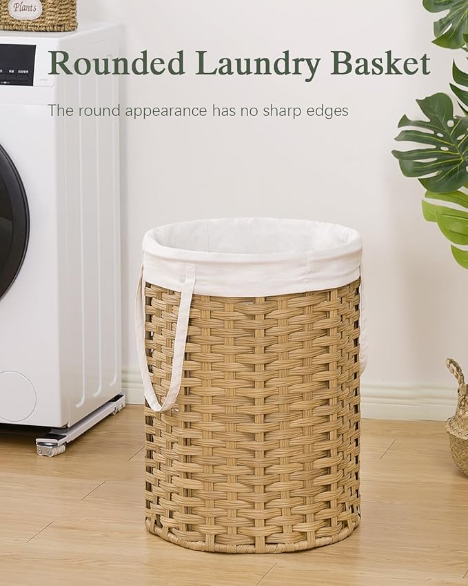 Laundry Hamper Laundry Basket Round 19.0 Gal (72 L) Handwoven Rattan Hamper, Large Wicker Hamper Basket with Removable Liner Bag Handles 2 Mesh Bags for Bathroom Living Room Natural